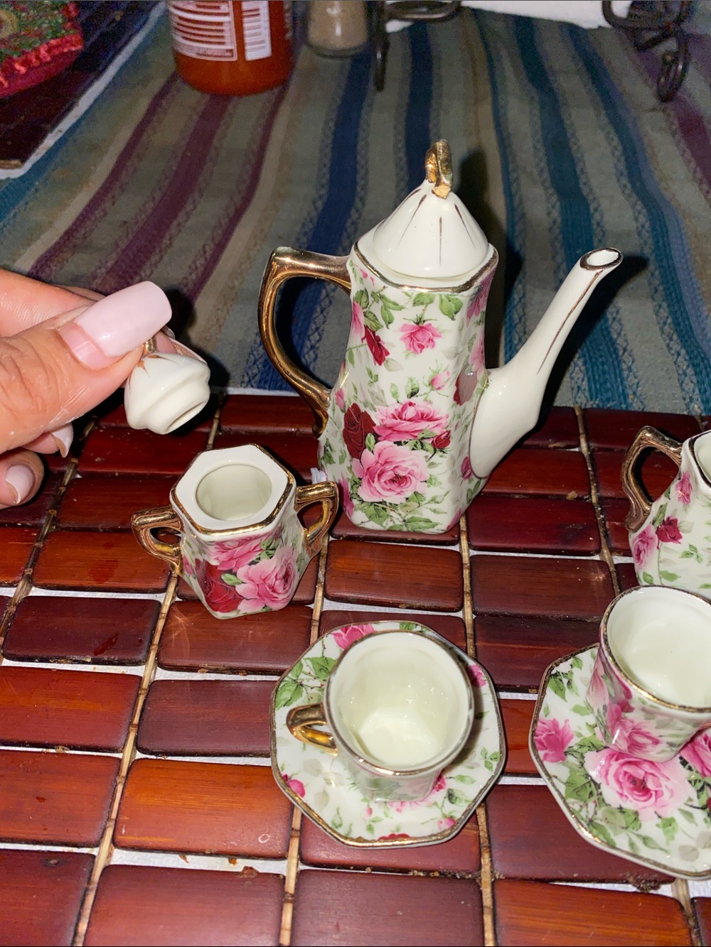 Floral Porcelain Mini Tea Set in Pink Rose with Gold Trim - Picture 5 of 8